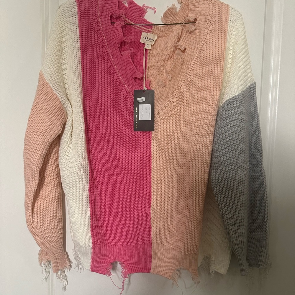 Colorblock V-Neck Sweater  - Pink, White, Peach, and Gray